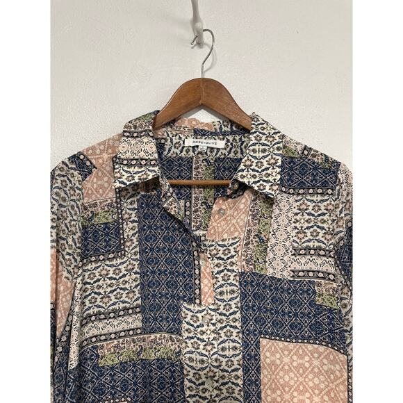 Rose + Olive Faux Patchwork Lightweight Blouse L Blue Pink Coquette Boho - Picture 4 of 11